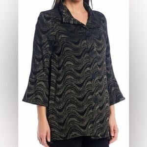 Ali Miles Black Metallic Sheen Wavy Stripes Swing Jacket Wire Collar Large
